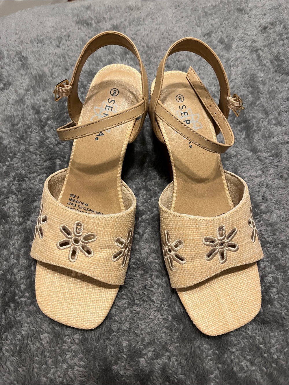 Tan Serra wedge sandals, size 9